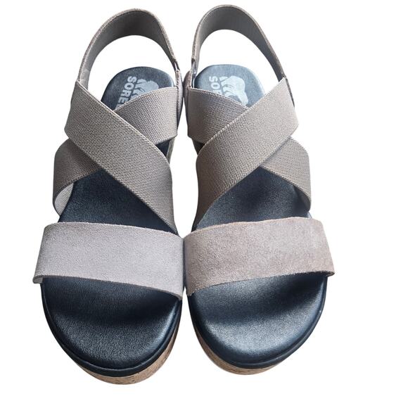 Sorel Sandal US 8.5 Cameron Stretch Leather Strappy Cork Wedge Tan Black Preppy - Picture 3 of 8